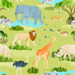 Vector seamless pattern with african animals. Wild animals and trees isolated on white background. Textile, wrapping paper, page fill, web design, wallpaper