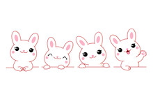 Set Of Cute Little Bunny. Borders With Kawaii White Bunnies. Collection Of Rabbits With Different Emotion - Funny, Happy, Surprised. Can Be Used For T-shirt Print, Stickers. Vector Illustration EPS8
