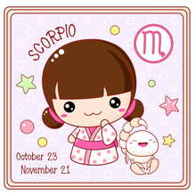 Zodiac Scorpio Sign Character In Kawaii Style. Cute Chibi Little Girl In Kimono. Square Card With Zodiac Symbol, Date Of Birth And Cartoon Baby Girl. Vector Illustration EPS8