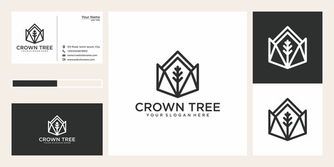 Wall Mural - crown with tree line art logo design