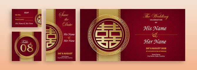 Wall Mural - Chinese oriental wedding invitation card template with oriental elements on color background