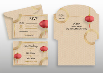 Wall Mural - Chinese oriental wedding (RSVP answer) envelope template with color background and oriental elements