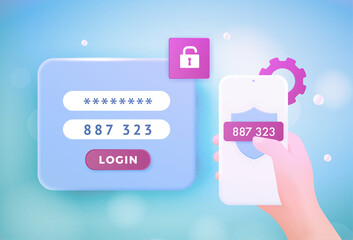 Wall Mural - multi factor authentication with smartphone and laptop. 2-step authentication 2fa 3d vector concept 