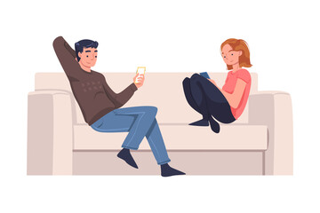 Canvas Print - Man and Woman Character with Digital Device Sitting on Sofa Suffering from Internet Addiction Vector Illustration