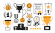Awards, trophy cups, first place medals and podium winners set. Doodle gold medal and champion trophy cup. Hand drawn award decorative icons. Vector illustrations isolated on white background.