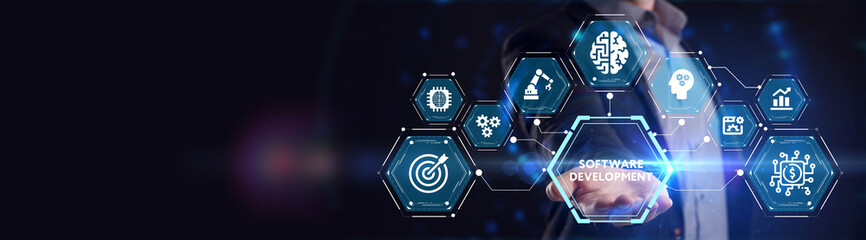 Inscription Software Development on the virtual display. Business, modern technology, internet and networking concept.