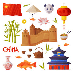 Wall Mural - China Object and Traditional Cultural Symbol with Chinese Wall and Pagoda Vector Set