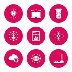 Sticker - Set 3D printer, Global technology or social network, Router and wi-fi signal, Drone, Cloud data transfer storage, Project team base, Video graphic card and Processor icon. Vector