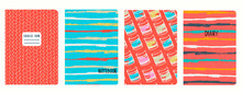 Set Of Cover Page Templatesbased On Patterns With Canned Food And Lines In The Style Of Pop Art, Sketch. Pastel Backgrounds For Notebooks, Notepads, Diaries, Planner. Headers Isolated, Replaceable