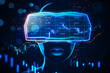 Abstract hologram of digital head with VR glasses and glowing forex chart on dark background. Economy, metaverse and stock concept. 3D Rendering.