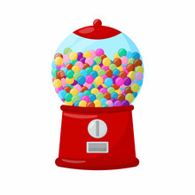 Gumball Machine. Transparent Round Glass Candy Dispenser With Colorful Bubble Gum. Vector Illustration Flat Icon Isolated On White.