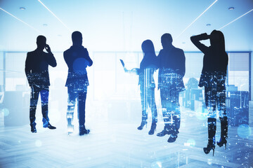 Poster - Silhouettes of abstract businesspeople standing on illuminated white office city background. Teamwork and success concept. Double exposure.