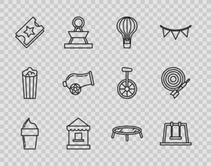 Canvas Print - Set line Ice cream in waffle cone, Swing, Hot air balloon, Ticket box office, Cannon, Jumping trampoline and Classic dart board and arrow icon. Vector