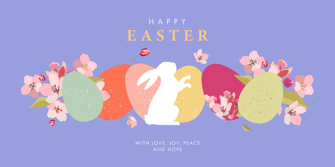 Wall Mural - Happy Easter greeting card. Trendy Easter design with border made of eggs, bunny and spring flowers in pastel colors on light blue. Modern flat style. Horizontal poster, banner, header for website