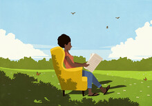 Serene Woman In Armchair Reading Newspaper In Sunny, Idyllic Meadow
