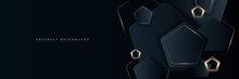 Modern Luxury Horizontal Banner Background With Overlay Dark Blue Golden Geometric Shapes Layer And Shadow Decoration. Trendy Simple Pentagon Shapes Texture Design. Luxury And Elegant Concept