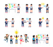© paper_owl - Set of people in office in various situations. Man and woman talking, pointing to chalkboard, showing presentation and other actions. Modern vector illustration