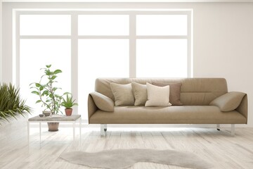 Wall Mural - White living room with sofa. Scandinavian interior design. 3D illustration