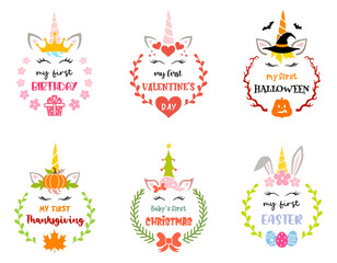 Wall Mural - kids illustration with cute unicorns for all the first holidays in a baby's life. holiday symbols fo