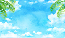 水彩の青空とヤシの木の南国なベクターイラスト背景(リゾート,夏,旅行,バカンス,ココナッツ,サマータイム)
