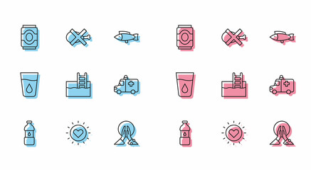 Poster - Set line Bottle of water, Sun, Soda can, Meditation, Swimming pool with ladder, Ambulance and emergency car, Glass and No meat icon. Vector