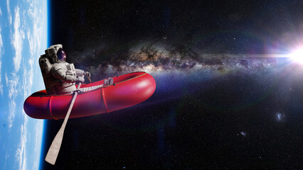 Wall Mural - astronaut in red rubber boat in orbit of planet earth