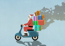 Santa Claus Driving Motor Scooter With Burning Gifts
