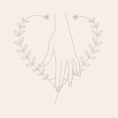 Woman's health and self care concept. Line art illustration of woman's hand on а background of heart of flowers. Love and sexual health. Vector 10 EPS.