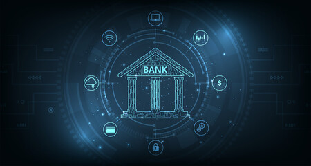 Aufkleber - Online banking technology concept.Isometric illustration of bank on electric circuit lines background.Digital connect system.Financial technology concept.Vector illustration.EPS 10. 