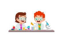 Cute Little Kid Boy And Girl Do Research In The Lab