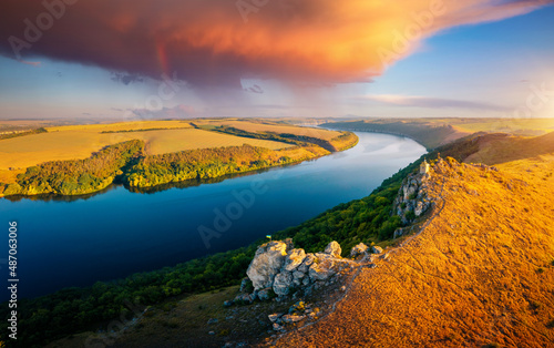 Fototapete - Spectacular top view of the Dniester River in the morning. Gorgeous summer image.