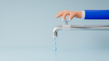 3d Hand Opens Or Closes A Water Tap, Concept Of Eco And World Water Day, Save Water Icon, Care For Saving Resources, Saving Water And World Environmental Protection Concept, Ecology, 3d Rendering