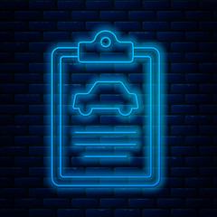 Sticker - Glowing neon line Car inspection icon isolated on brick wall background. Car service. Vector