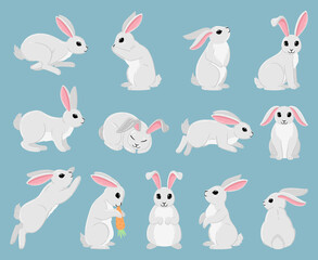 Wall Mural - Cartoon white rabbit, cute spring bunny animals. Easter holiday sleeping, jumping and sitting white bunny vector illustration set. White spring hare