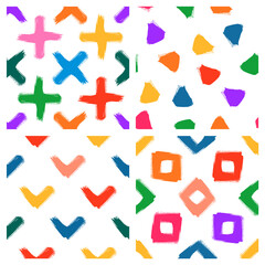 Abstract set of trendy cute colorful seamless patterns with hand drawn shapes, elements. Vector wallpapers in simple doodle style.