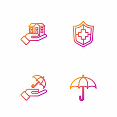 Sticker - Set line Umbrella, in hand, House and Life insurance with shield. Gradient color icons. Vector