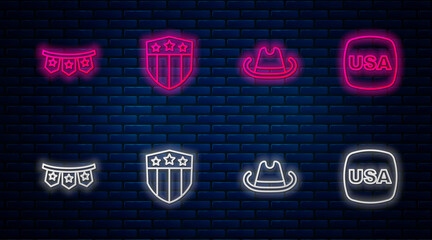 Wall Mural - Set line Shield with stars, Western cowboy hat, Carnival garland flags and USA Independence day. Glowing neon icon on brick wall. Vector