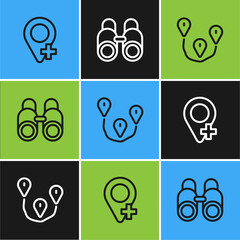 Sticker - Set line Location, Route location and Binoculars icon. Vector