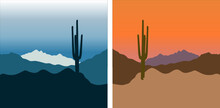 Set Of Two Vector Landscape Illustrations. Peaceful Nature Background, Banner, Poster, Cover.