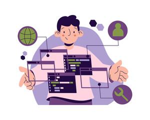 Wall Mural - software development work process, programmer with scripts and language for coding. vector tools and