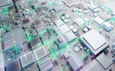 Wall Mural - Electronic circuit board close up, computer chip, mother board with neon lights, 3D rendering illustration
