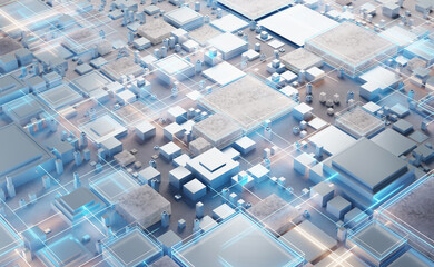 Wall Mural - Electronic circuit board close up, computer chip, mother board with neon lights, 3D rendering illustration