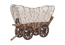 Vintage Wooden Wagon Or Carriage In Western Sketch Style, Vector Illustration Isolated On White Background.