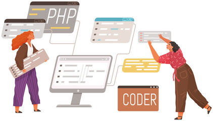 Programmer engineering and coding. Coder programmers working on web development on computer. Concept of script coding and programming in php, javascript, python, other languages. Software developers