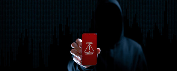 Wall Mural - Cyber security hacker smartphone. Internet web hack technology. Digital mobile phone in hacker man hand isolated on black banner. Data protection, secured internet access, cybersecurity.