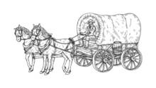Horse Pulling Carriage Or Vintage Wagon, Sketch Vector Illustration Isolated.