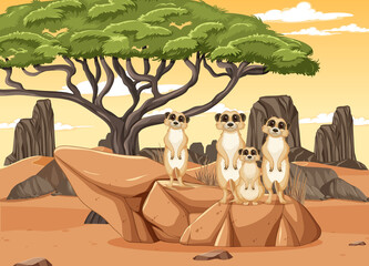 Wall Mural - Desert background with a group of meerkats