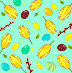 Wall Mural - Happy Easter pattern  with yellow tulips, easter eggs, pussy-willow twigs, colored sweet balls hand drawn. Easter background top view, copy space, Square background vector