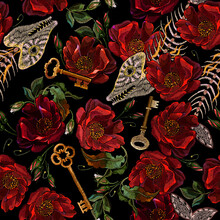 Embroidery Fish Bone, Golden Key And Red Roses Flowers. Medieval Style. Dark Gothic Seamless Pattern. Halloween Art. Fashion Clothes Template And T-shirt Design