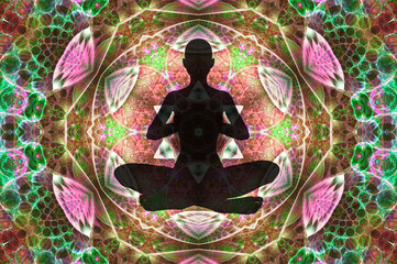 Wall Mural - Silhouette of a girl in Lotus position on the background of the fractal universe. A state of trance and deep meditation. A spiritual journey in the universe.
